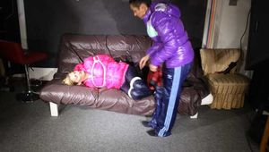 Sandra being tied and gagged from Stella both wearing sexy shiny nylon downwear (Pics)