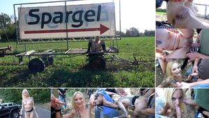HARDEST OUTDOOR GANGBANG with skinny blonde - FARMERS GET TO FUCK FOR FREE!