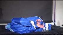 Lucy tied and gagged with ropes on bed wearing sexy blue oldschool downwear (Video)