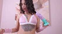Cute teen latina in sexy lingerie playing her dildo POV