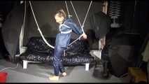 ***SPECIAL*** SEXY SANDRA tied and gagged overhead with special crotchrope wearing a sexy blue really shiny nylon rain pants and an oldschool shiny nylon rain jacket (Video)