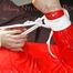 Mara tied and gagged on bed wearing a sexy shiny nylon catsuit in red (Pics)