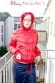 Marlin posing on a balcony wearing sexy black shiny nylon rainpants and a red down jacket (Pics)