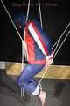 SEXY SONJA tied and gagged with ropes and a clothgag suspended wearing a sexy red/blue downwear combination (Pics)