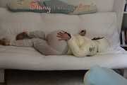 SEXY Jill wearing a WHITE rain pants and a WHITE down jacket lolling on the sofa playing with you (Pics)