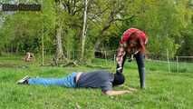 With the face in the horse manure