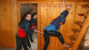 Jill ties, gagges and hoodes an beautiful archive girl on a cross beam (Pics)