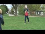 Katharina and her friend wearing shiny nylon rainwear while playing soccer (Video)