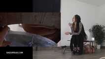 Mistress Cleo squirts cologne into the mouth of the slave lying in the toilet. Picture in Picture