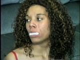 28 YR OLD MOM GETS MOUTH STUFFED, MEDICAL TAPE & SEMI-CLEAR TAPE GAGGED, HANDGAGGED, VIBRATOR USED ON TITS & WEARING LINGERIE, GARTER BELT & NYLON STOCKINGS (D59-15)