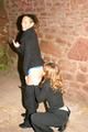 Stella and Leonie in a cellar wearing sexy shiny nylon shorts under their jeans (Pics)