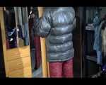 SANDRA putting on a sexy shiny nylon crazy sensation down suit infront of the mirror (Video)