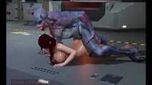 Busty Brunette Anal Sex on the Floor with Big Alien