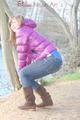 Alina during her walk on the sea wearing sexy shiny nylon down jacket and a shiny nylon shorts under her jeans (Pics)
