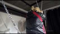 Pia wearing a sexy black downwear tied and gagged overhead with ropes(Video)