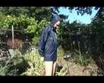 Mara wearing only a hot rain jacket and rubber boots lingering in the garden taking a shower (Video)