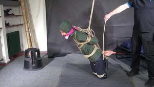 Myxxxy bound gagged and vibed in shiny nylon Rainwear and finally suspended