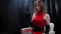 Long gloves, red dress, smoking two 100mm Reds