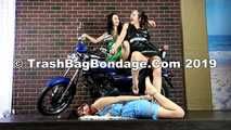 Lucky, Nelly, Xenia - Trio pose on motorbike, one girl ends up hogtied (video)