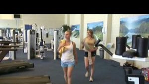Katharina and Jenny in the fitness studio wearing sexy shiny nylon shorts and tops (Video)