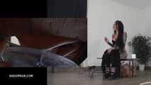Mistress Cleo squirts cologne into the mouth of the slave lying in the toilet. Picture in Picture