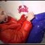 Jill ties and gagges herself in a bath tub for having an extraordinary experience wearing a sexy lightblue rainpants and an orange down jacket (Video)