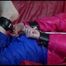 Sonja tied, gagged and hooded on a sofa wearing a sexy downwear combination (Video)