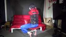 Sexy Pia being tied and gagged on a chair wearing sexy shiny nylon rainwear (Video)