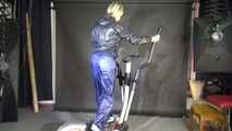 Watching sexy SONJA wearing a sexy black/blue rainwear combination and trainers during her workout (Video)