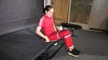 Rachel Adams in shinynylon Jumpsuit doing Selfbondage  
